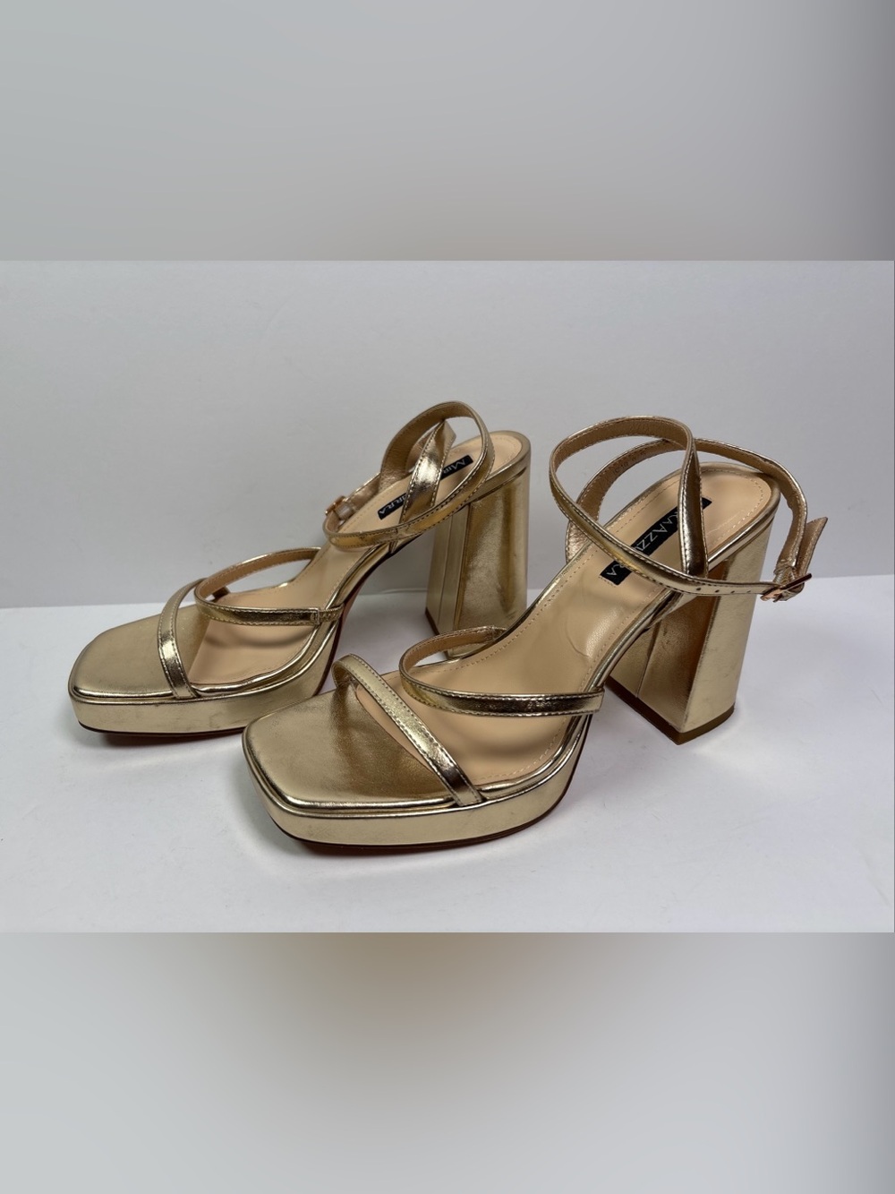 MiraAzzurra Gold Platform Chunky Heel Women’s 8.5 Shiny Metallic Ankle Strap